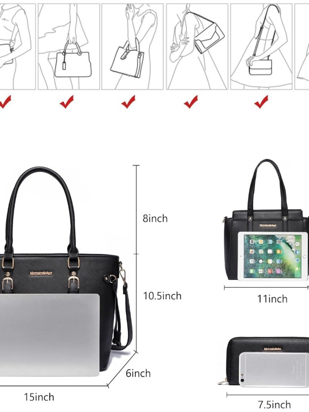 3PCS Purses for Women Tote Bag and Wallet Set Shoulder Satchel Handbags - Picture 4 of 6